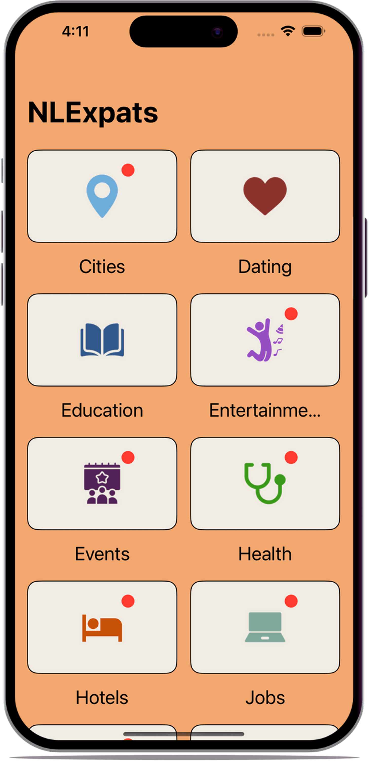 NLExpats app home screen showing expat resources for the Netherlands